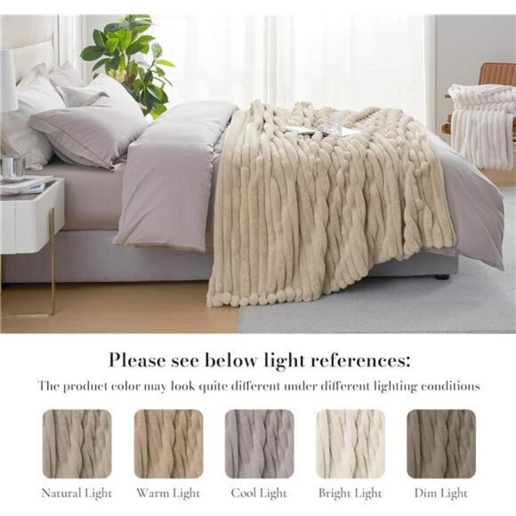 Amelie Home Faux Fur Throw Blanket Soft Fluffy Cozy Plush Sofa Bed Beige - Picture 6 of 7
